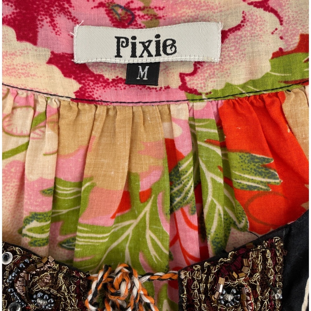 Pixie‎ Floral Dress Womens Medium Orange Pink Beaded Cotton Boho Artsy Tropical - Picture 3 of 9